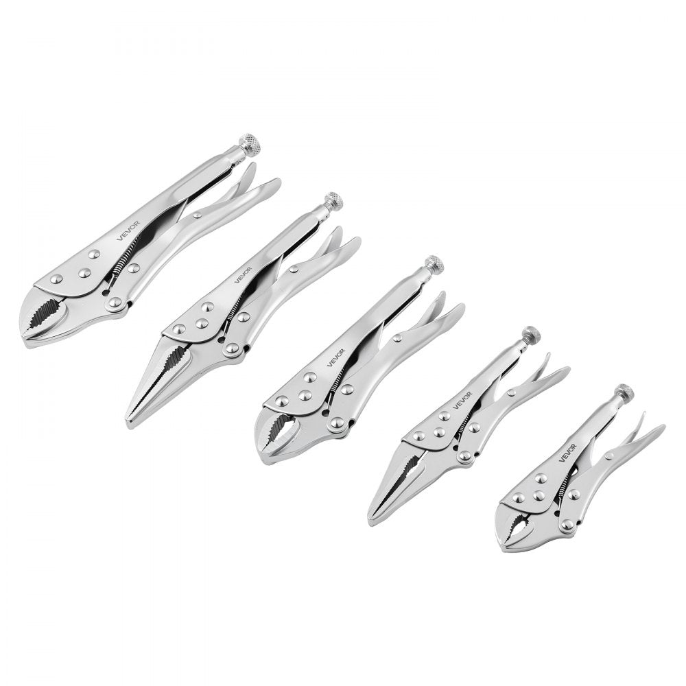 VEVOR Locking Pliers Set 5-Piece Pliers Tool Set Nickel-Plated Carbon Steel, Hand Tools for DIY & Home Use, 5"/7"/10" Curved Jaw, 6.5"/9" Long Nose, Ergonomic Non-Slip Handles, Adjustable Jaw Opening
