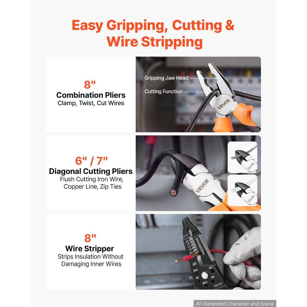VEVOR Pliers Set 20-Piece Utility Set Polished Carbon Steel Jaw Hand Tools, For DIY & Home Use, Long Nose, Locking, Diagonal, Groove Joint, Snap Ring, Slip Joint Pliers, with 2-Pack Organizer Rack