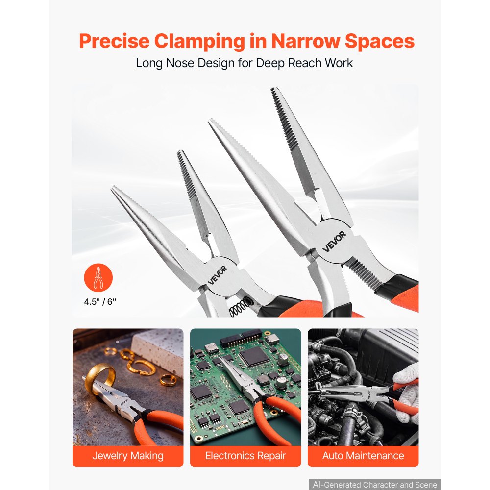 VEVOR Pliers Set 7-Piece Utility Set Polished Carbon Steel Jaw Hand Tools, For DIY & Home Use, 8" Groove Joint, 7" Combination, 6" Diagonal, 6"/8" Slip Joint, 4.5"/6" Long Nose Pliers, Non-Slip Grips