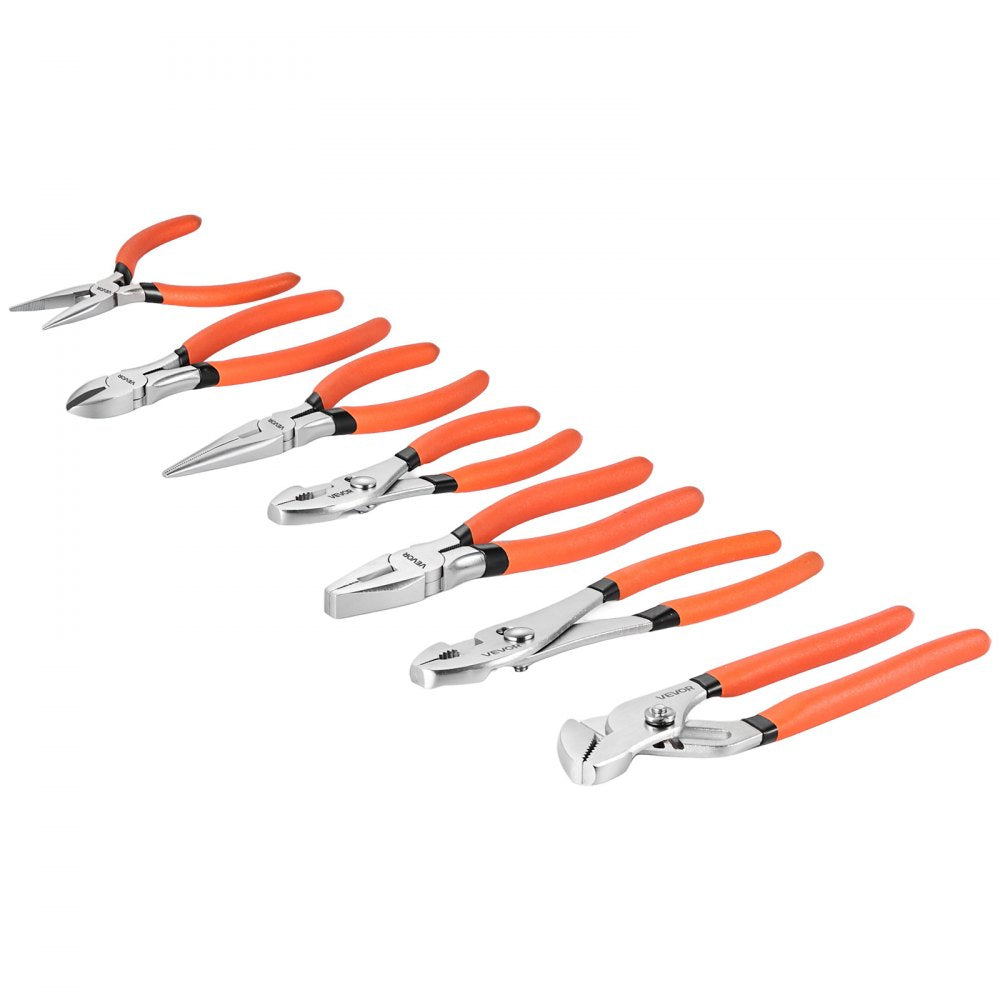 VEVOR Pliers Set 7-Piece Utility Set Polished Carbon Steel Jaw Hand Tools, For DIY & Home Use, 8" Groove Joint, 7" Combination, 6" Diagonal, 6"/8" Slip Joint, 4.5"/6" Long Nose Pliers, Non-Slip Grips