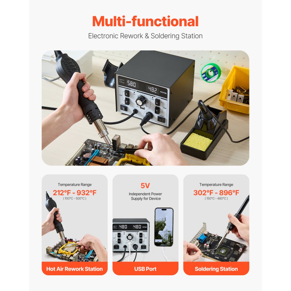 VEVOR 2-in-1 Hot Air Rework Station & Soldering Station, 820W LED Digital Rework and Soldering Iron Station with 5V USB Charging Port, Adjustable Temps & Airflow, ℃/℉ Conversion, 3 Hot Air Nozzles