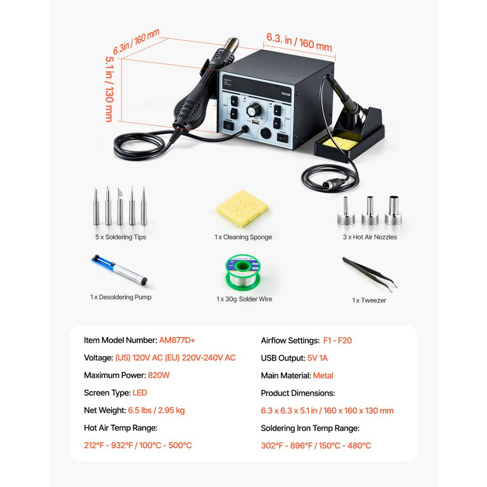 VEVOR 2-in-1 Hot Air Rework Station & Soldering Station, 820W LED Digital Rework and Soldering Iron Station with 5V USB Charging Port, Adjustable Temps & Airflow, ℃/℉ Conversion, 3 Hot Air Nozzles