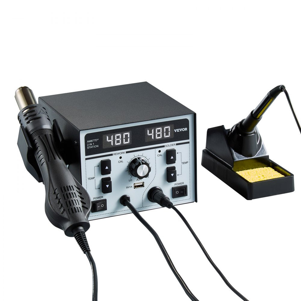 VEVOR 2-in-1 Hot Air Rework Station & Soldering Station, 820W LED Digital Rework and Soldering Iron Station with 5V USB Charging Port, Adjustable Temps & Airflow, ℃/℉ Conversion, 3 Hot Air Nozzles
