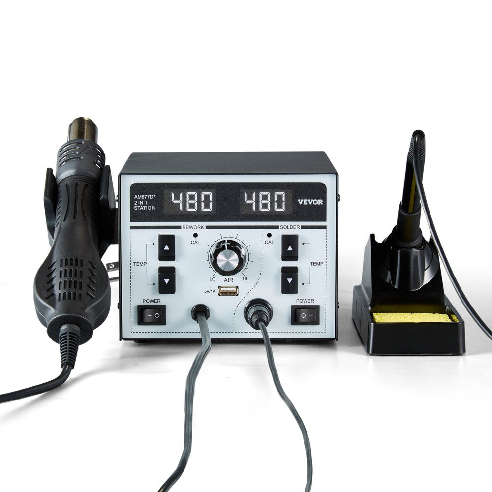 VEVOR 2-in-1 Hot Air Rework Station & Soldering Station, 820W LED Digital Rework and Soldering Iron Station with 5V USB Charging Port, Adjustable Temps & Airflow, ℃/℉ Conversion, 3 Hot Air Nozzles