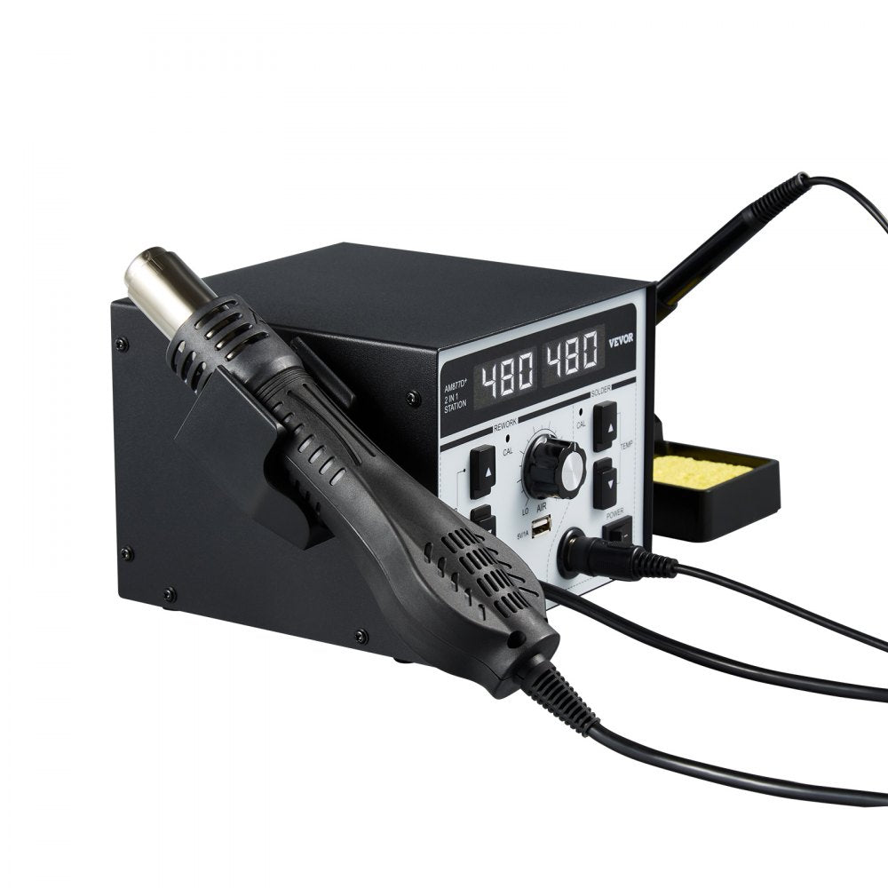 VEVOR 2-in-1 Hot Air Rework Station & Soldering Station, 820W LED Digital Rework and Soldering Iron Station with 5V USB Charging Port, Adjustable Temps & Airflow, ℃/℉ Conversion, 3 Hot Air Nozzles