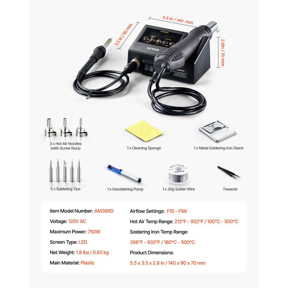VEVOR 2-in-1 Hot Air Rework Station & Soldering Station, 750W Digital Rework and Soldering Iron Station with Adjustable Temps & Airflow, ℃/℉ Conversion, 3 Hot Air Nozzles for Electronics Repairing
