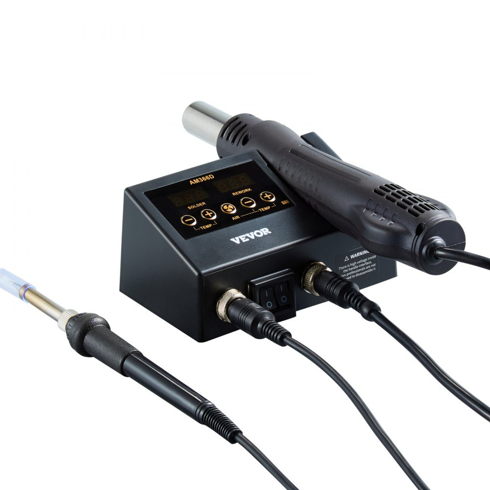 VEVOR 2-in-1 Hot Air Rework Station & Soldering Station, 750W Digital Rework and Soldering Iron Station with Adjustable Temps & Airflow, ℃/℉ Conversion, 3 Hot Air Nozzles for Electronics Repairing