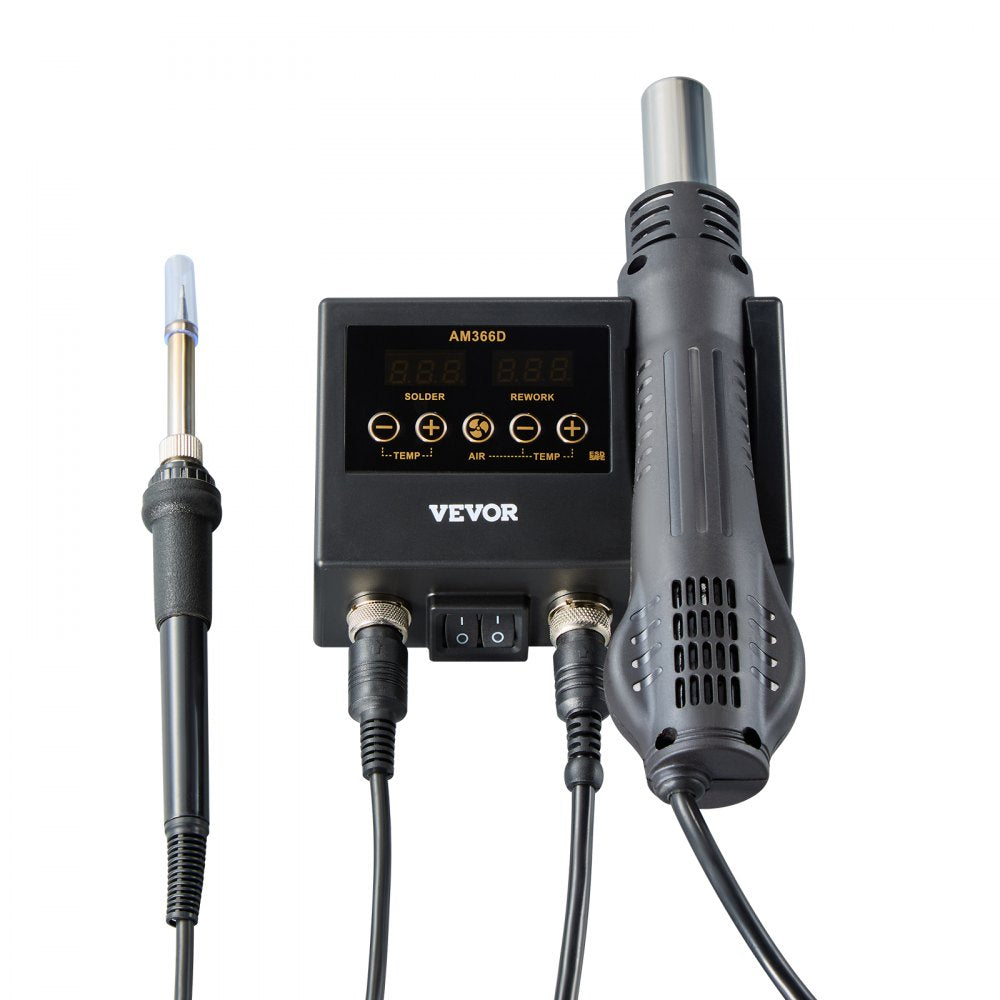 VEVOR 2-in-1 Hot Air Rework Station & Soldering Station, 750W Digital Rework and Soldering Iron Station with Adjustable Temps & Airflow, ℃/℉ Conversion, 3 Hot Air Nozzles for Electronics Repairing