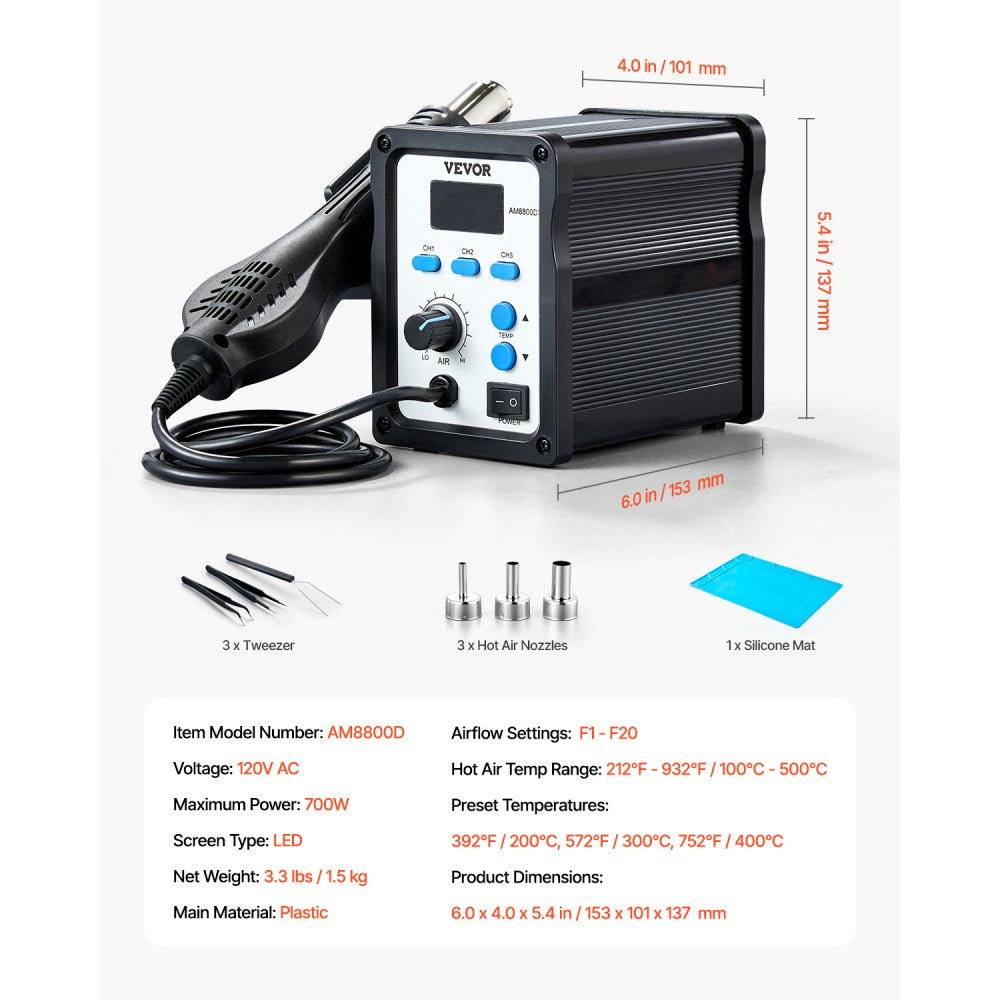 VEVOR Hot Air Rework Station, 700W Digital Display SMD Rework Station, 212℉-932℉ Hot Air Gun with Adjustable Airflow, 3 Pre-Set Channels & ℃/℉ Conversion for Chip Dismantling, Electronics Repair