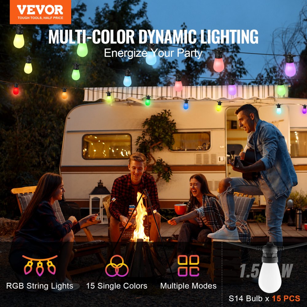 VEVOR RGB Outdoor String Lights, 50FT, Outside Patio Lights with APP Control 15 Bulbs, 15 Single-Color Adjustable Brightness Time Setting, Waterproof Hanging Lights for Halloween Decorations Christmas