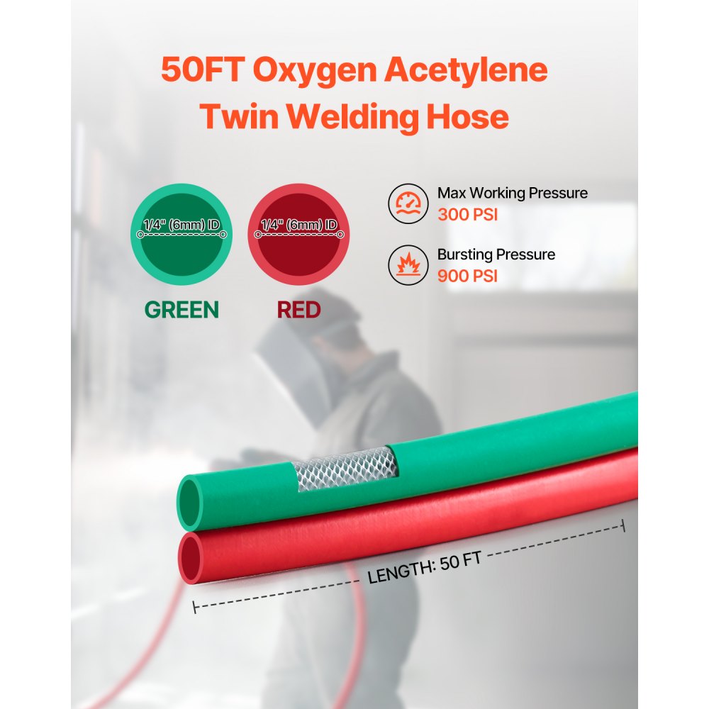 VEVOR Oxygen Acetylene Hose, 1/4-Inch x 50FT Oxy Acetylene Hose with 9/16"-18 LH/RH B Fittings, R Grade Welding Torch Twin Hose with 300PSI Maximum Working Pressure for Cutting Soldering Brazing