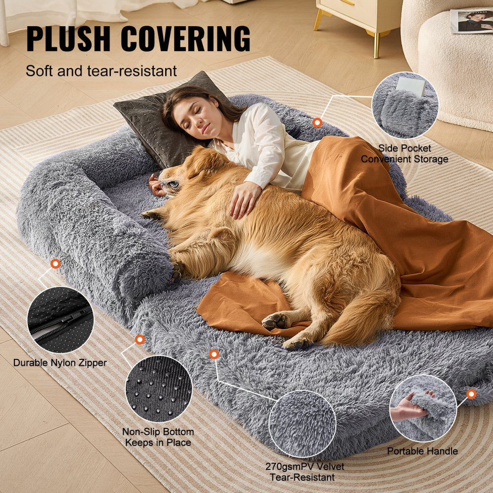 VEVOR Human Dog Bed, 72" x48"x10" Giant Human Dog Bed for Adults and Pets, Human Size Dog Bed with Washable PV Velvet Cover, Egg Orthopedic Foam, Storage Pocket, for You and Pet, Grey