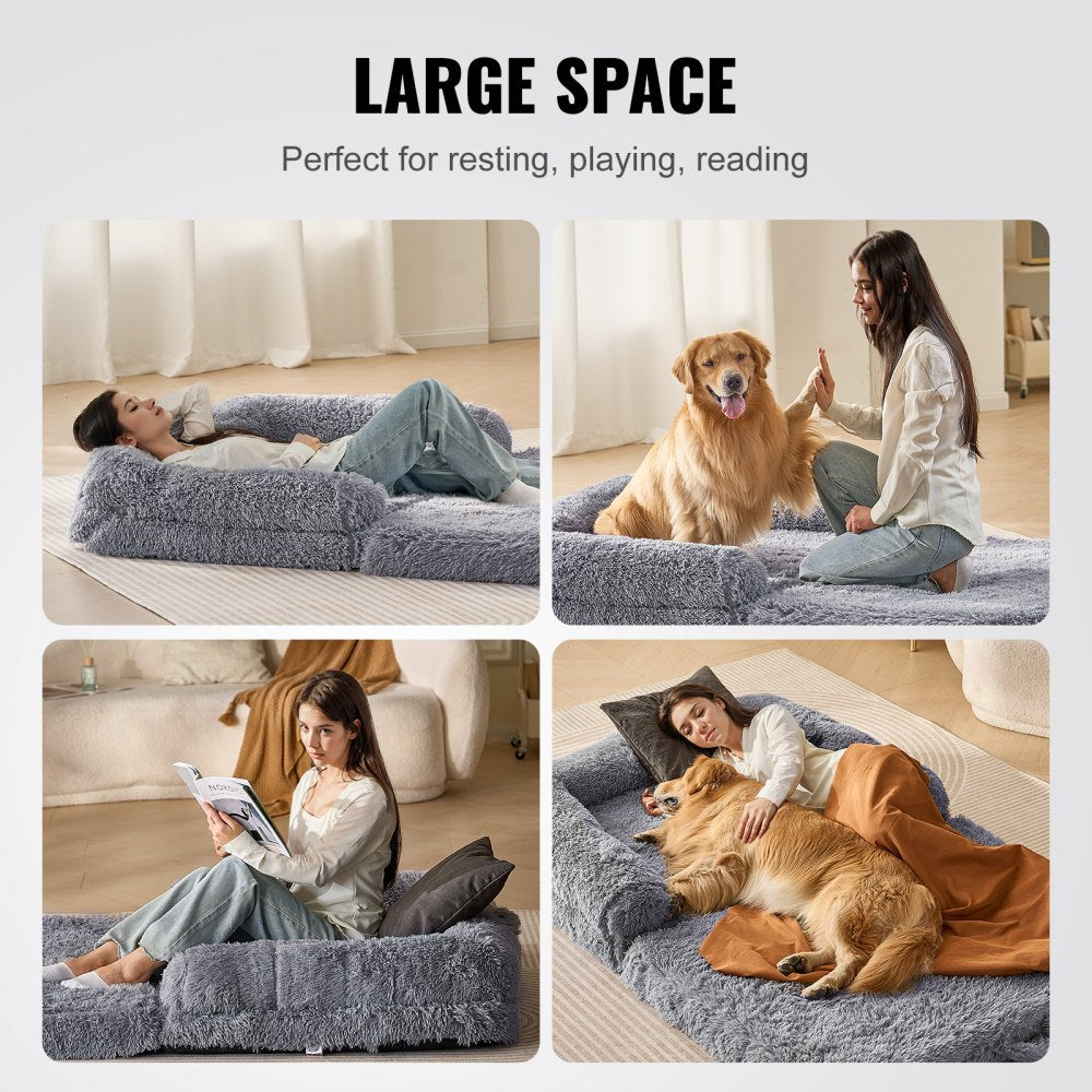 VEVOR Human Dog Bed, 72" x48"x10" Giant Human Dog Bed for Adults and Pets, Human Size Dog Bed with Washable PV Velvet Cover, Egg Orthopedic Foam, Storage Pocket, for You and Pet, Grey