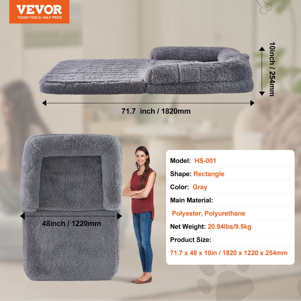 VEVOR Human Dog Bed, 72" x48"x10" Giant Human Dog Bed for Adults and Pets, Human Size Dog Bed with Washable PV Velvet Cover, Egg Orthopedic Foam, Storage Pocket, for You and Pet, Grey