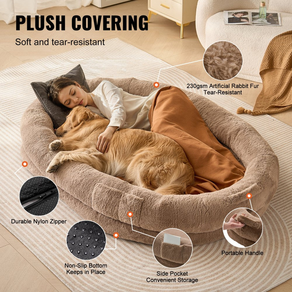 VEVOR Human Dog Bed, 72" x48"x10" Human Dog Bed for Adult, Human Size Dog Bed with Washable Faux Rabbit Fur Cover, Egg Orthopedic Foam, Storage Pocket, Large Dog Bean Bed, Brown