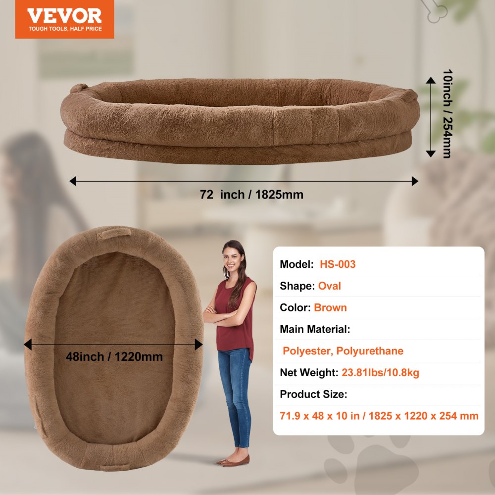 VEVOR Human Dog Bed, 72" x48"x10" Human Dog Bed for Adult, Human Size Dog Bed with Washable Faux Rabbit Fur Cover, Egg Orthopedic Foam, Storage Pocket, Large Dog Bean Bed, Brown