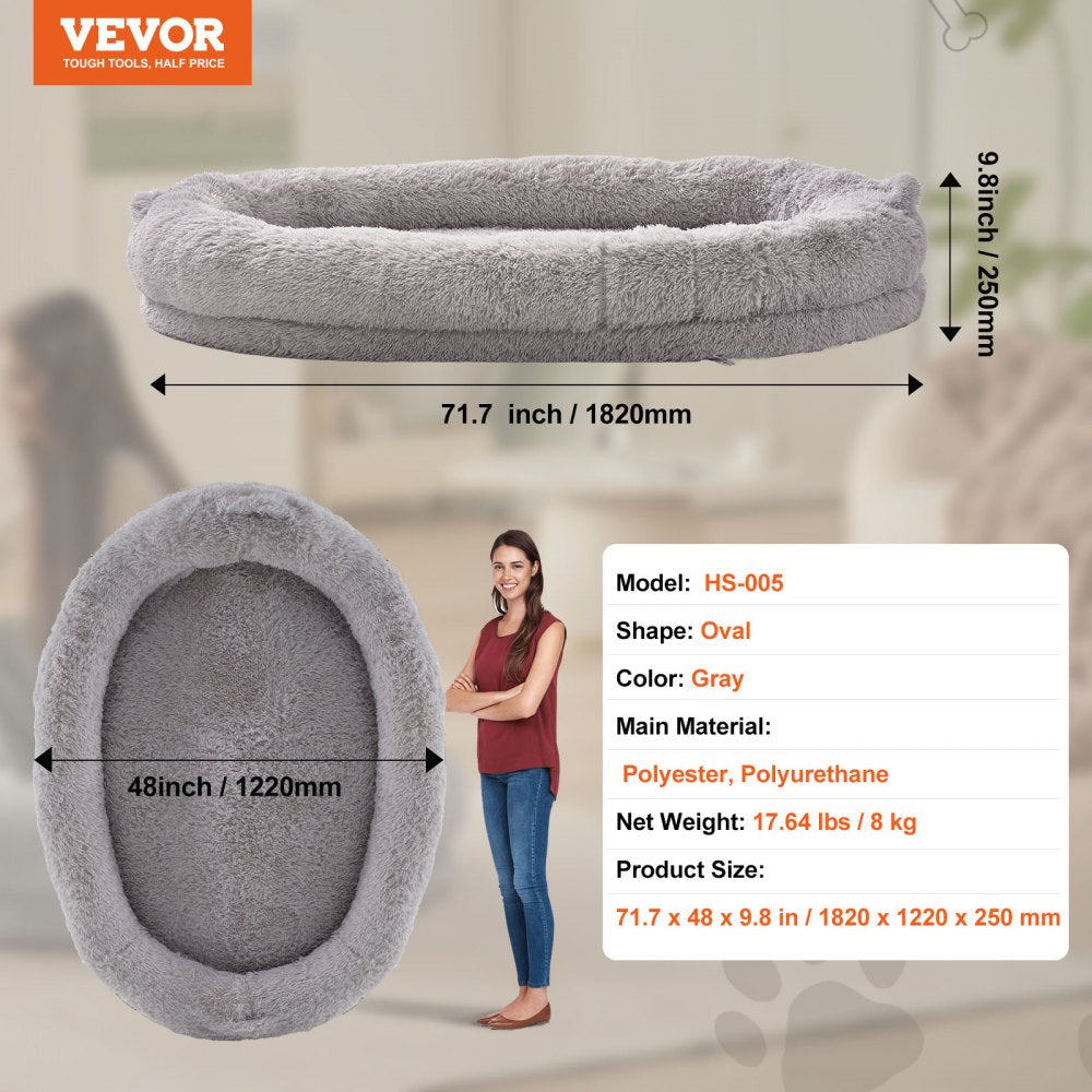 VEVOR Human Dog Bed, 72" x48"x10" Giant Human Dog Bed for Adult, Human Size Dog Bed with Washable PV Velvet Cover, Egg Orthopedic Foam, Storage Pocket, Large Dog Bean Bed for You and Pet, Light Grey