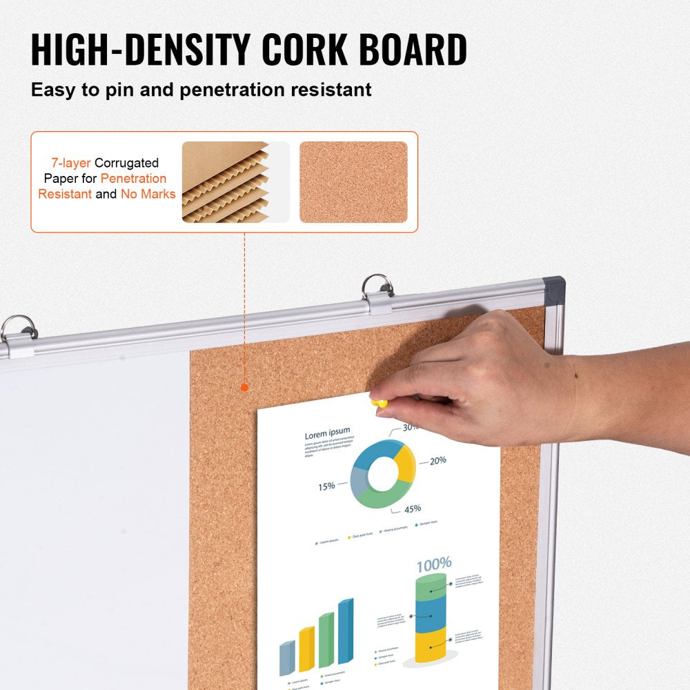 VEVOR 24"x18" Whiteboard & Cork Board Combo with Aluminum Frame – 2-in-1 Magnetic Dry Erase Bulletin Board for Wall Mount – Ideal for School, Home, Office