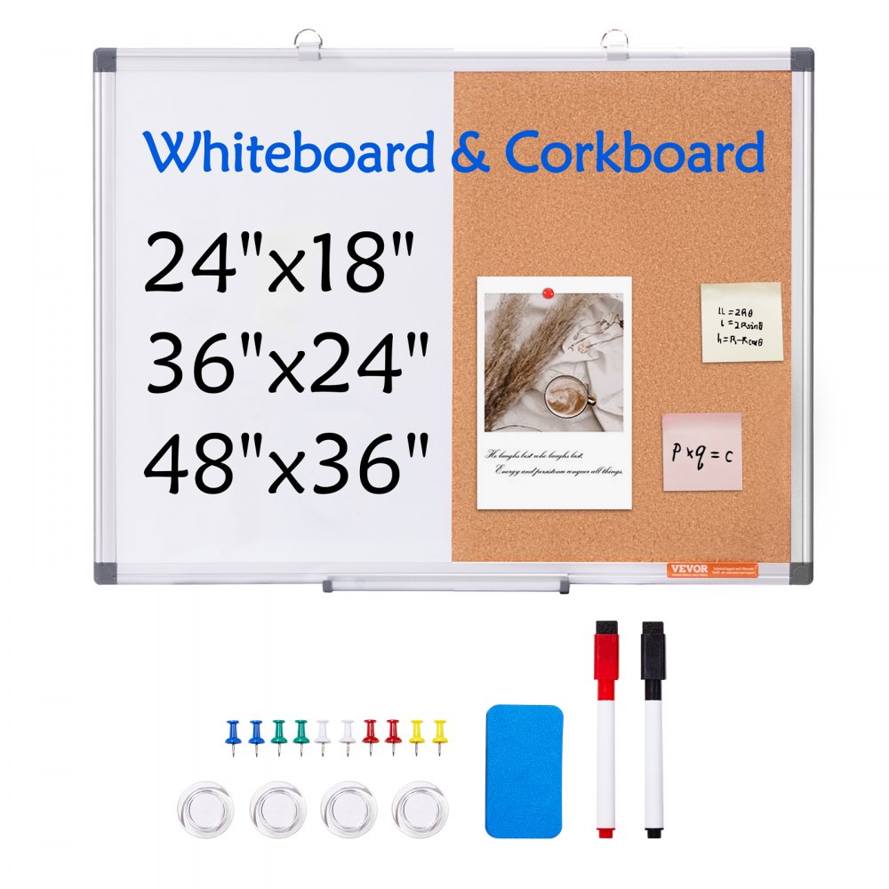 VEVOR 24"x18" Whiteboard & Cork Board Combo with Aluminum Frame – 2-in-1 Magnetic Dry Erase Bulletin Board for Wall Mount – Ideal for School, Home, Office