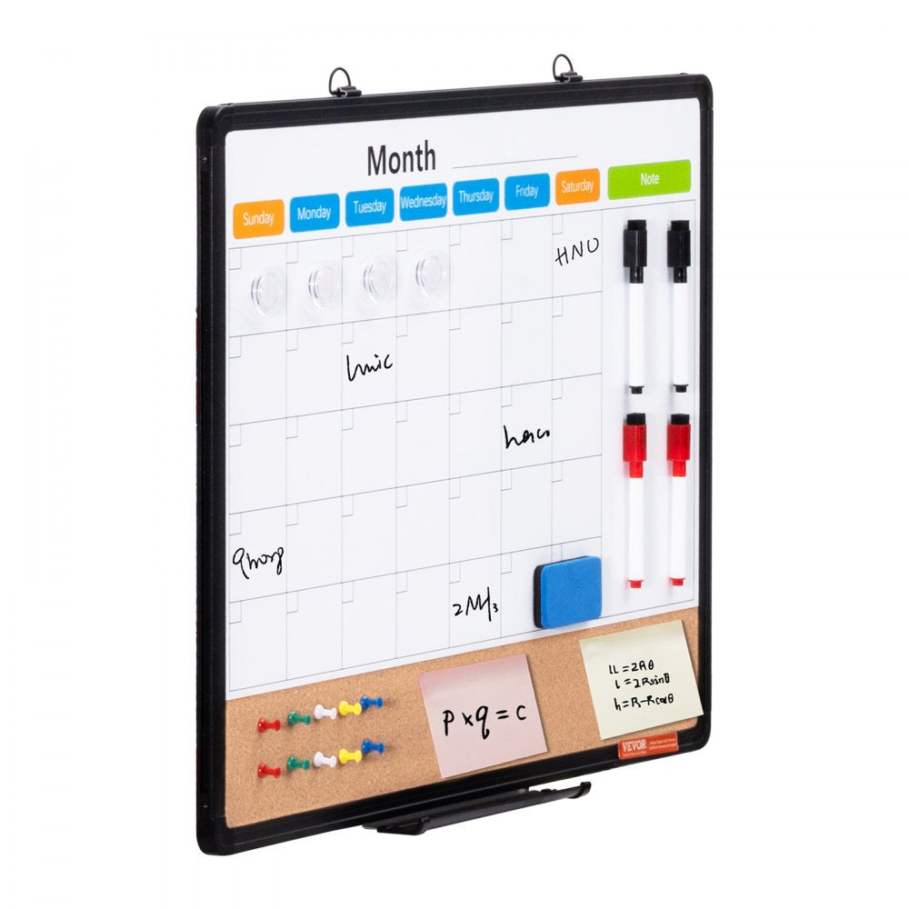 VEVOR 24"x 18" Monthly Calendar Whiteboard & Cork Board Combo with Aluminum Frame – 2-in-1 Magnetic Dry Erase Bulletin Board for Wall Mount – Ideal for School, Home, Office