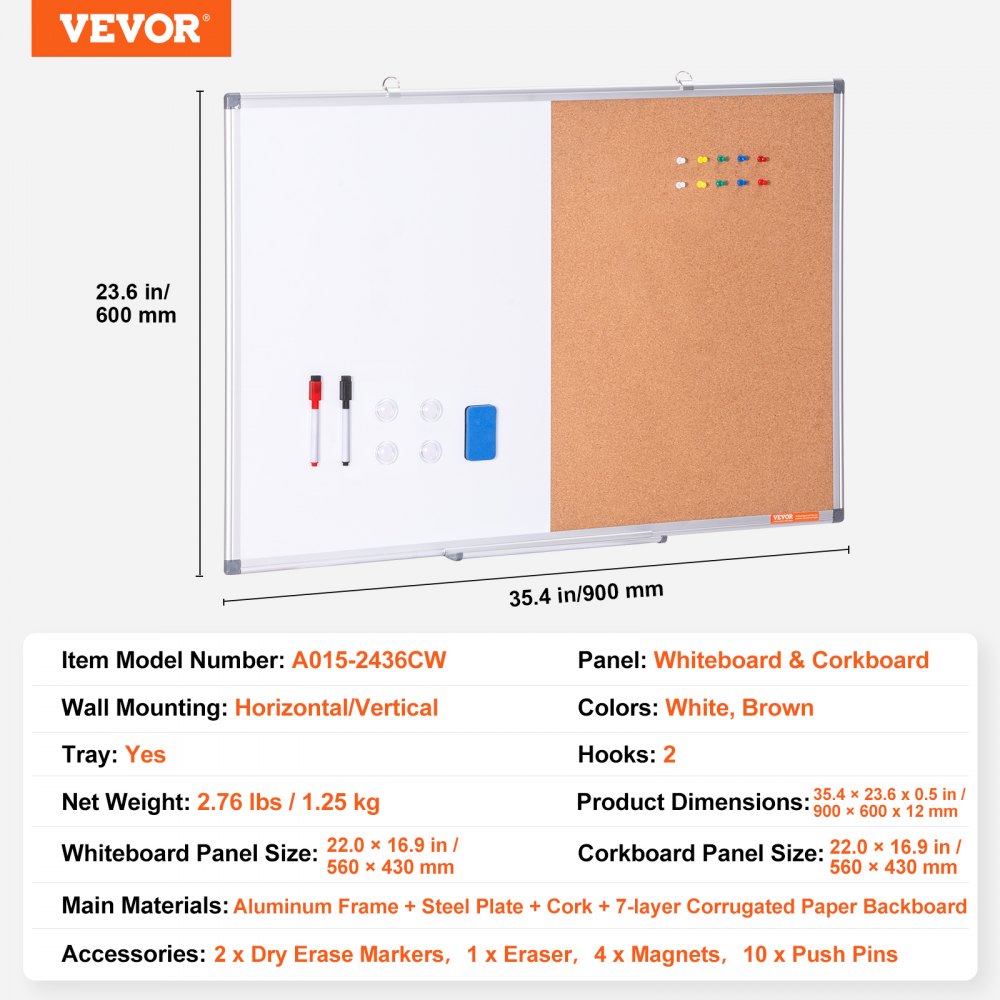 VEVOR 36"x 24" Whiteboard & Cork Board Combo with Aluminum Frame – 2-in-1 Magnetic Dry Erase Bulletin Board for Wall Mount – Ideal for School, Home, Office