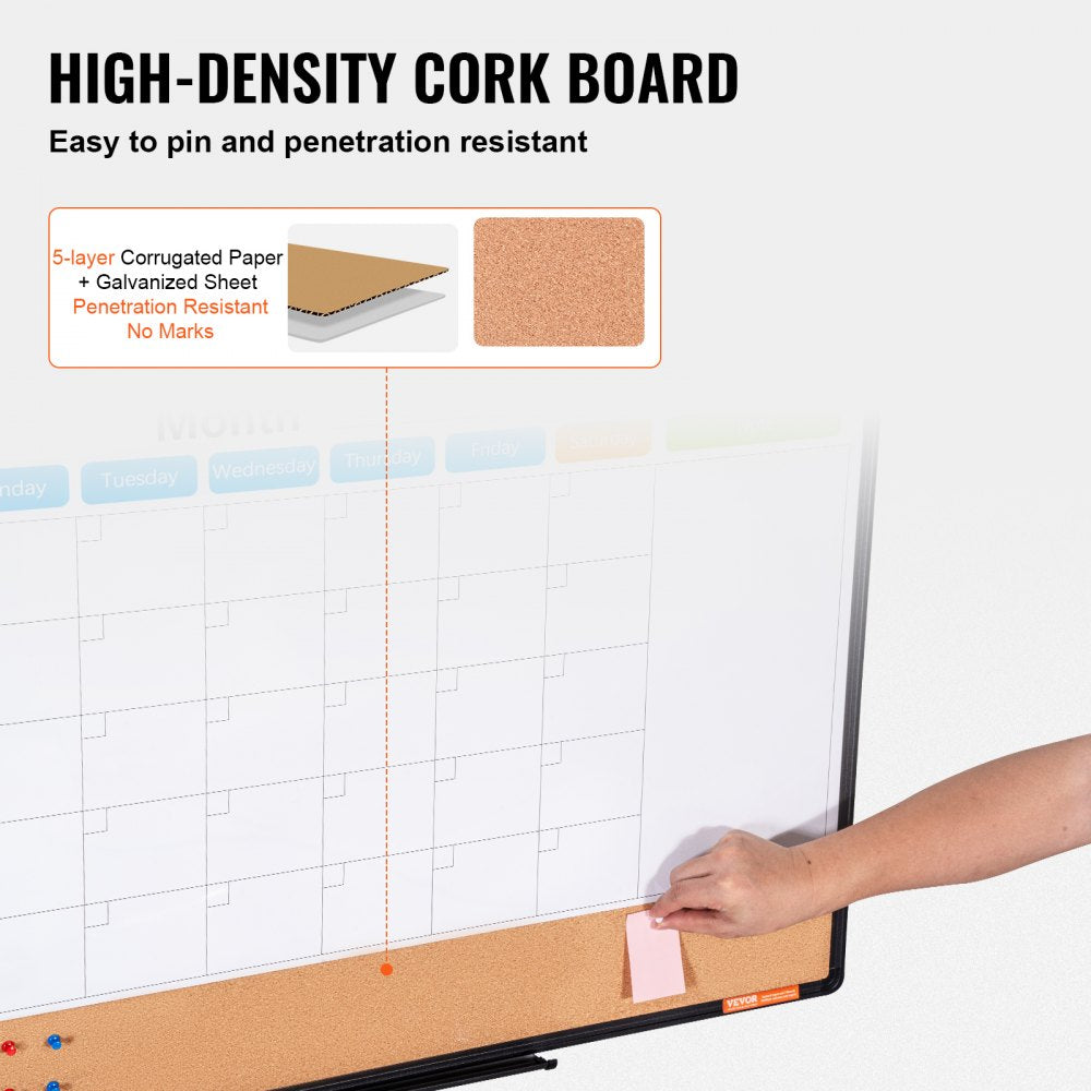 VEVOR 36"x 24" Monthly Calendar Whiteboard & Cork Board Combo with Aluminum Frame – 2-in-1 Magnetic Dry Erase Bulletin Board for Wall Mount – Ideal for School, Home, Office