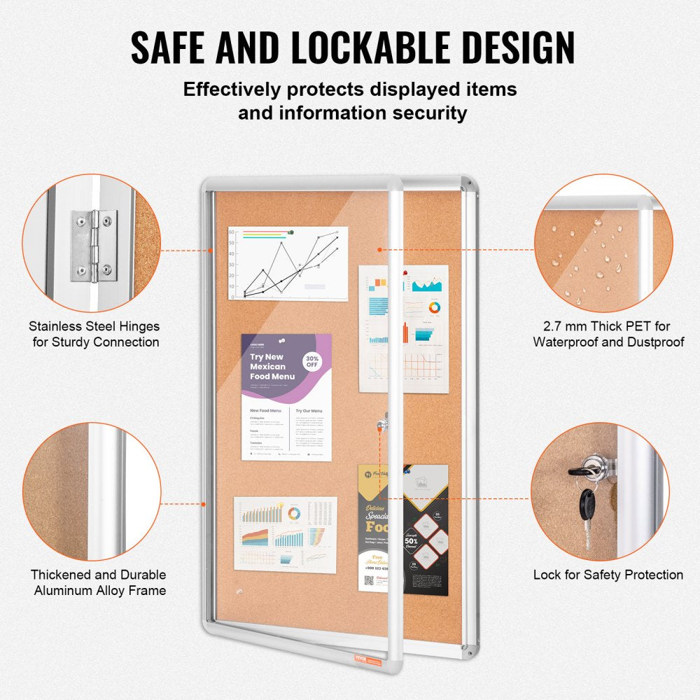 VEVOR 36"x24" Enclosed Cork Board with Aluminum Frame –  Lockable Bulletin Board with Acrylic Door & 2 Keys – Weather-Resistant Wall Display Case for School, Home, Office