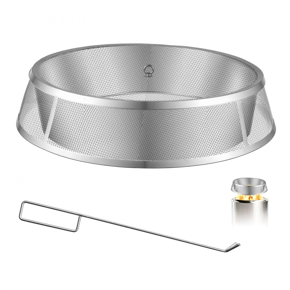 VEVOR Fire Pit Spark Screen, 26 inch Mesh Cover Lid, SUS304 Stainless Steel, for Outdoor, Patio, Backyard, Camping, Party, with Handles & Poker, High Temperature Tolerant, Help Block Sparks, Silver