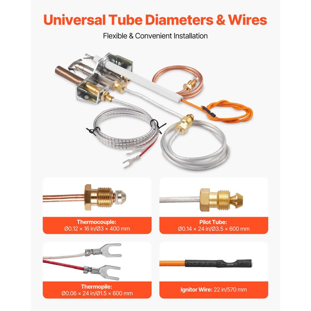 VEVOR Gas Pilot Assembly, OE 4021-732, 25660 Fireplace Gas Pilot Assembly, Natural Gas Ignition Replacement with Pilot Tube, Thermocouple, Thermopile, Wires, Compatible with Heatilator Models
