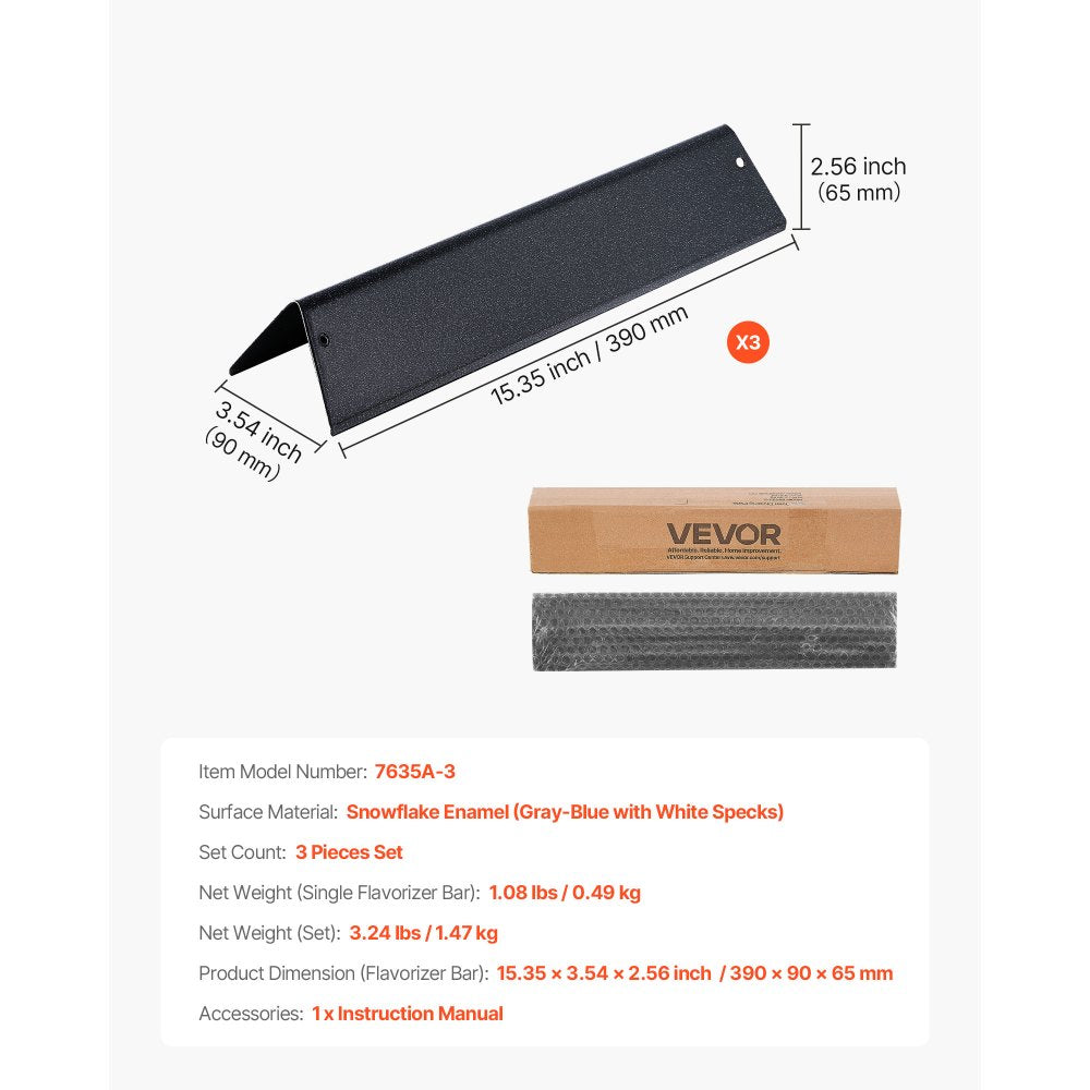 VEVOR Flavorizer Bars, 15 in Grill Replacement Part, for Weber Spirit I & II 200 Series Grills, Including Spirit ll E-210, ll E-220, ll S-210, E-210, S-210, Porcelain-enameled Steel Heat Plate, 3 Pack