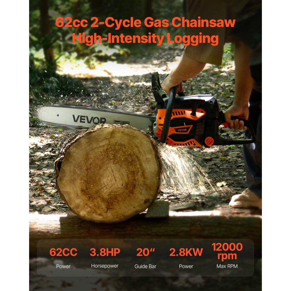 VEVOR 62 cc Gas Chainsaw, 20 inch Gas Powered Chainsaw, 3.8 HP Power Chain Saw with Non-Slip Handle, Gas-Powered Chainsaws with Dual Fuel Tanks, For Wood Cutting, Tree Trimming, and Land Clearing