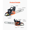 VEVOR 62 cc Gas Chainsaw, 20 inch Gas Powered Chainsaw, 3.8 HP Power Chain Saw with Non-Slip Handle, Gas-Powered Chainsaws with Dual Fuel Tanks, For Wood Cutting, Tree Trimming, and Land Clearing