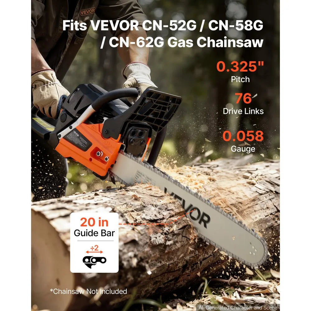 VEVOR Bar & Chainsaw Chain Combo 20" .325" Pitch .058" Gauge 76 Drive Links, Fits VEVOR CN-52G / CN-58G / CN-62G Gas Chainsaw, Alloy Steel, Replacement Guide Bar & Saw Chain with Sharp Cutter Teeth