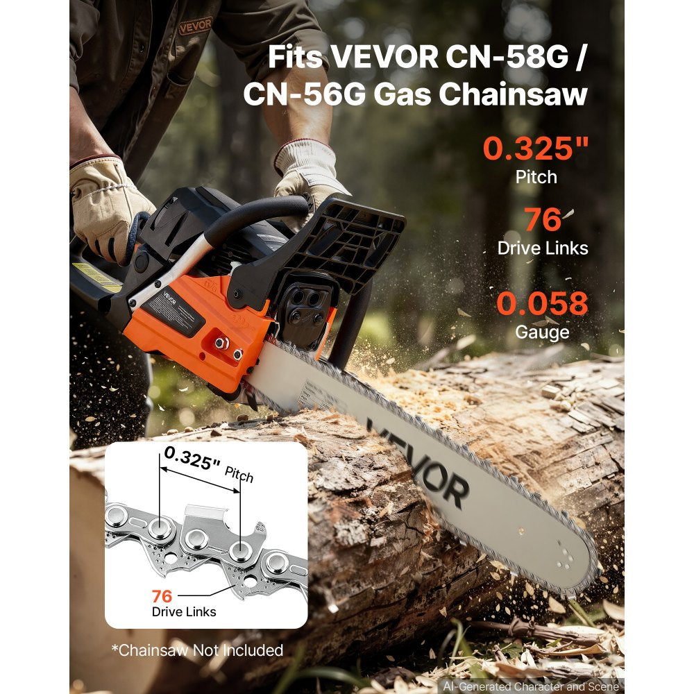 VEVOR Chainsaw Chain 3 Pack 20 Inch 0.325" Pitch 0.058" Gauge 76 Drive Link, Fits VEVOR CN-58G / CN-62G Gas Chainsaw, Forged Alloy Steel, Replacement Saw Chains with Sharp Cutter Teeth & Tie Straps