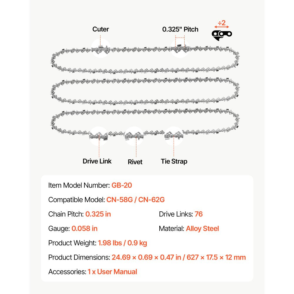 VEVOR Chainsaw Chain 3 Pack 20 Inch 0.325" Pitch 0.058" Gauge 76 Drive Link, Fits VEVOR CN-58G / CN-62G Gas Chainsaw, Forged Alloy Steel, Replacement Saw Chains with Sharp Cutter Teeth & Tie Straps