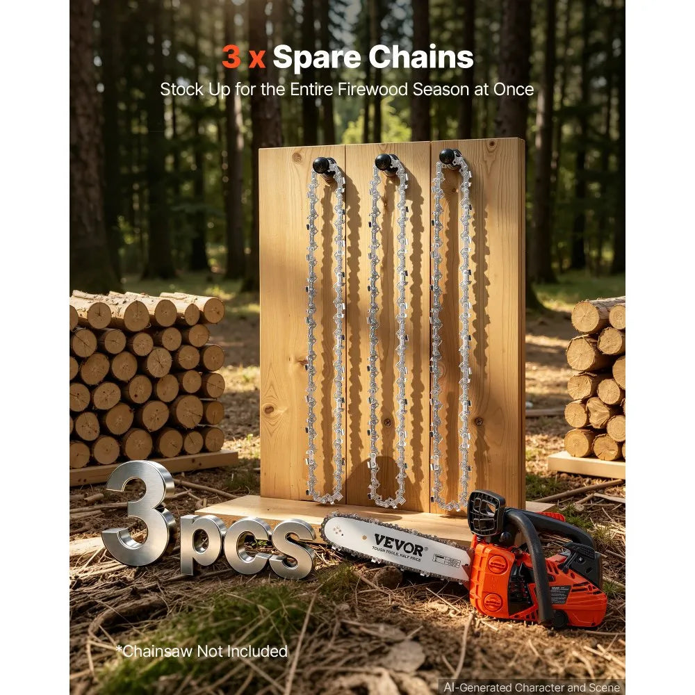VEVOR Chainsaw Chain 3 Pack 12 Inch 3/8" Pitch 3/8" Gauge 45 Drive Links, Fits VEVOR CN-25 Gas Chainsaw, Forged Alloy Steel, Replacement Saw Chains with Sharp Cutter Teeth & Wear-Resistant Tie Straps