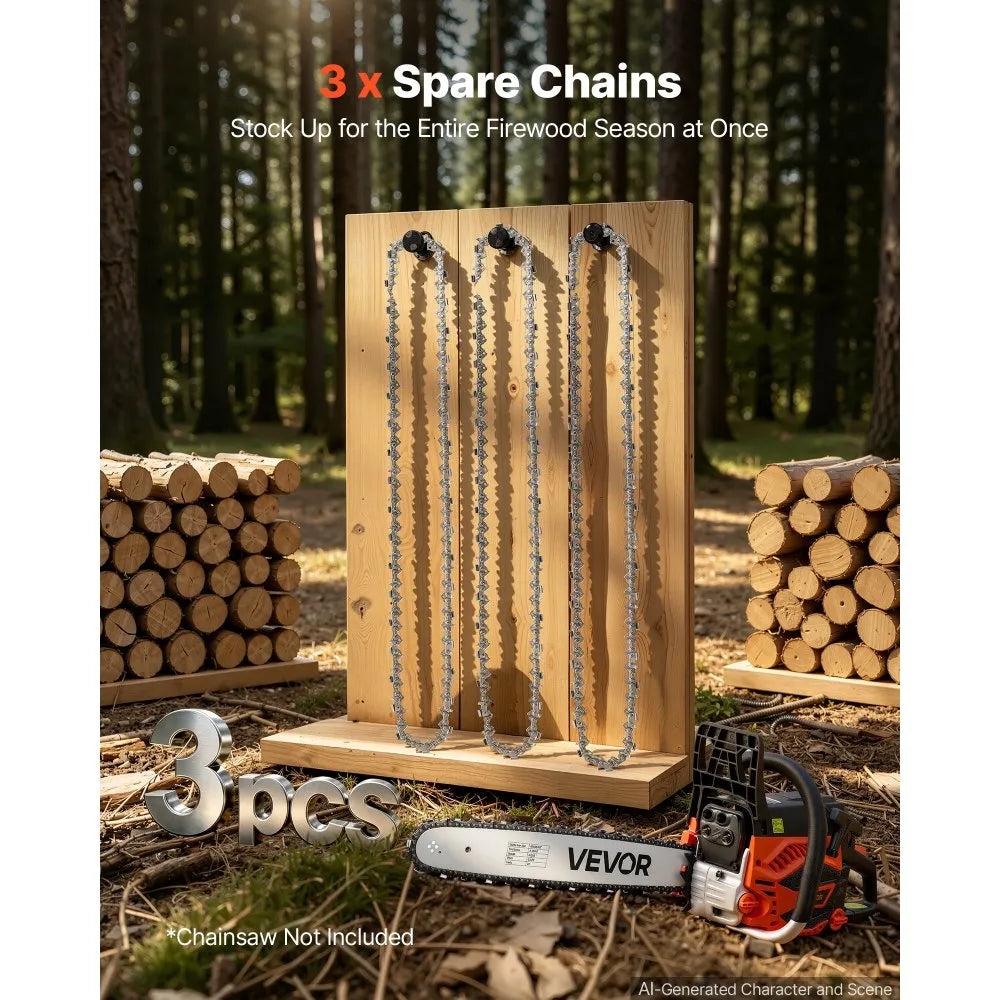 VEVOR Chainsaw Chain 3 Pack 18 Inch 0.325" Pitch 0.058" Gauge 72 Drive Link, Fits VEVOR CN-52G Gas Chainsaw, Forged Alloy Steel, Replacement Saw Chain with Sharp Cutter Teeth, Wear-Resistant Tie Strap