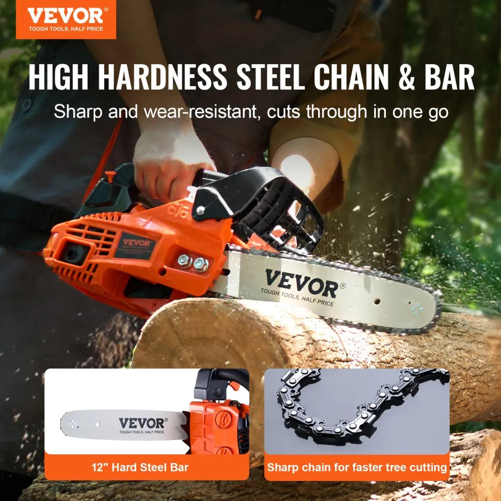 VEVOR Gas Chainsaw, 25.4CC 12" 1.2HP, Gasoline Powered Chain Saw, Handheld Cordless Petrol Chainsaws for Tree Wood Branch Cutting, Tree Trimming, Land Clearing, Farm Garden Ranch Forest Cutting Use