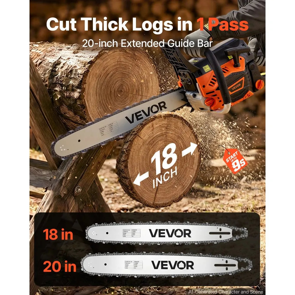 VEVOR Gas Powered Chainsaw 18 & 20 Inch 58CC 3.22HP 2 Stroke Engine Saw, for Wood Cutting, Tree Trimming & Land Clearing, Throttle-Synced Choke, Power Chain Saw with Non-Slip Handle & Dual Tanks
