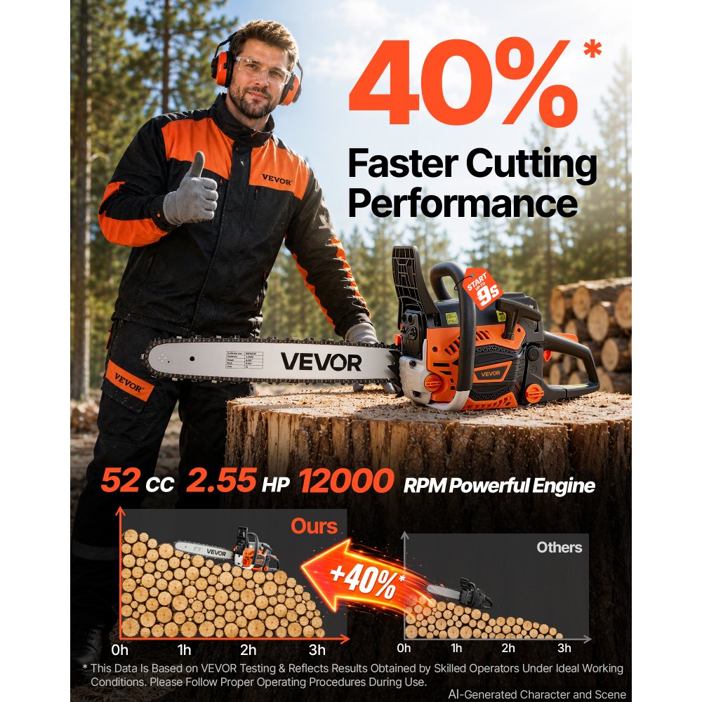 VEVOR Gas Powered Chainsaw 18 Inch 52CC 2.55HP 2 Stroke Engine Gas Chainsaw, for Wood Cutting, Tree Trimming & Land Clearing, Throttle-Synced Choke, Power Chain Saw with Non-Slip Handle & Dual Tanks