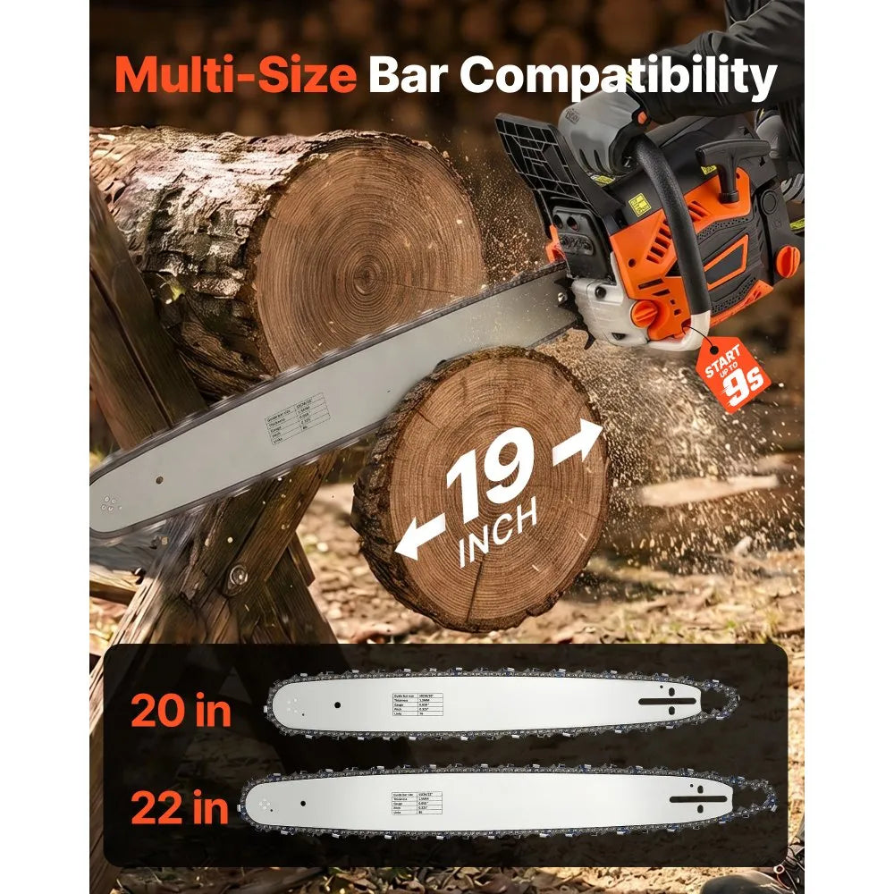 VEVOR Gas Powered Chainsaw 20 & 22 Inch 62CC 3.8HP 2 Stroke Engine Saw, for Wood Cutting, Tree Trimming & Land Clearing, Throttle-Synced Choke, Power Chain Saw with Non-Slip Handle & Dual Tanks