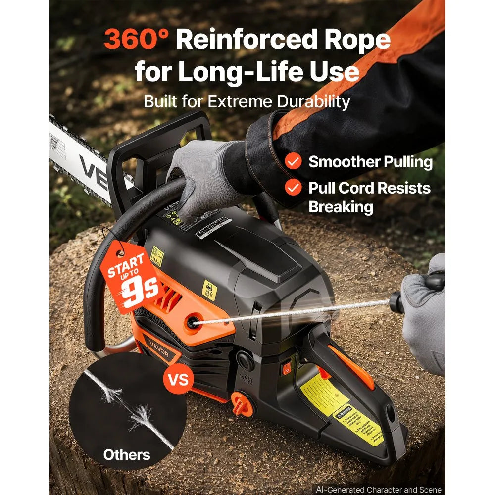 VEVOR Gas Powered Chainsaw 16 Inch 40CC 1.75HP 2 Stroke Engine Gas Chainsaw, for Wood Cutting, Tree Trimming & Land Clearing, Throttle-Synced Choke, Power Chain Saw with Non-Slip Handle & Dual Tanks