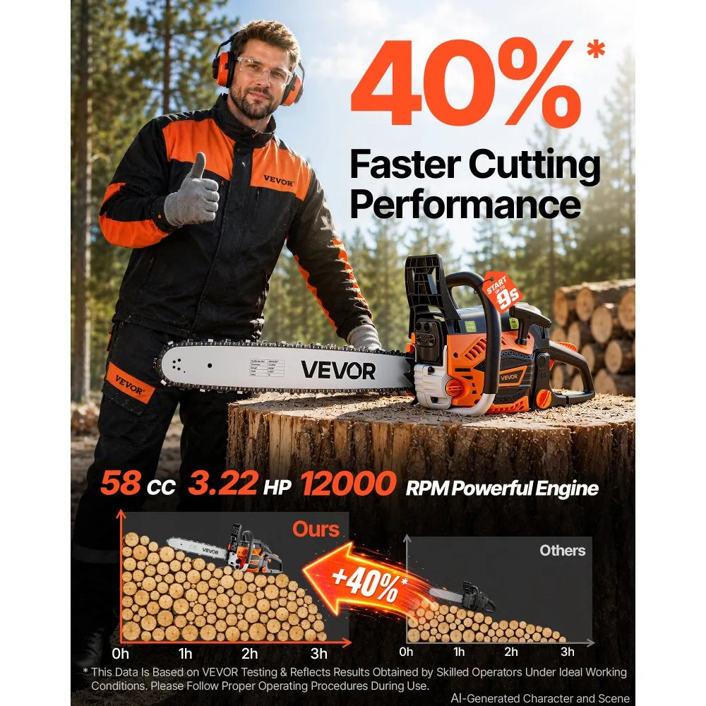 VEVOR Gas Powered Chainsaw 20 Inch 58CC 3.22HP 2 Stroke Engine Gas Chainsaw, for Wood Cutting, Tree Trimming & Land Clearing, Throttle-Synced Choke, Power Chain Saw with Non-Slip Handle & Dual Tanks