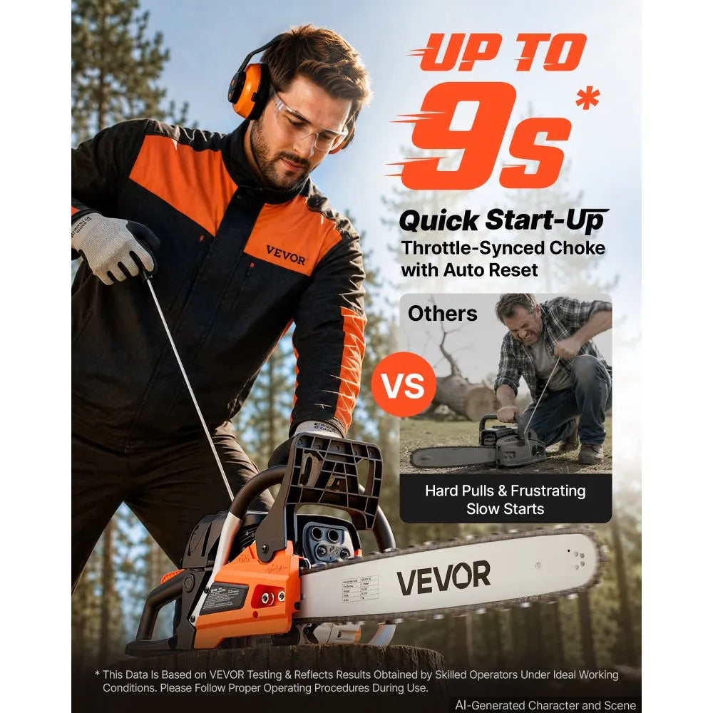 VEVOR Gas Powered Chainsaw 20 Inch 58CC 3.22HP 2 Stroke Engine Gas Chainsaw, for Wood Cutting, Tree Trimming & Land Clearing, Throttle-Synced Choke, Power Chain Saw with Non-Slip Handle & Dual Tanks