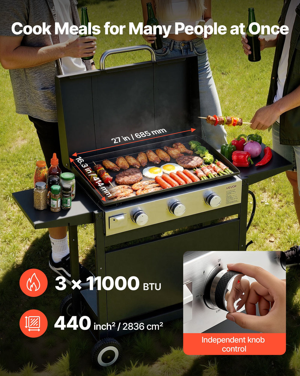 VEVOR 3-burner propane griddle - cooking area and BTU highlights