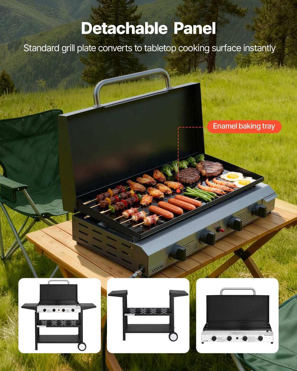 Detachable panel converts to tabletop cooking surface; enamel baking tray callout