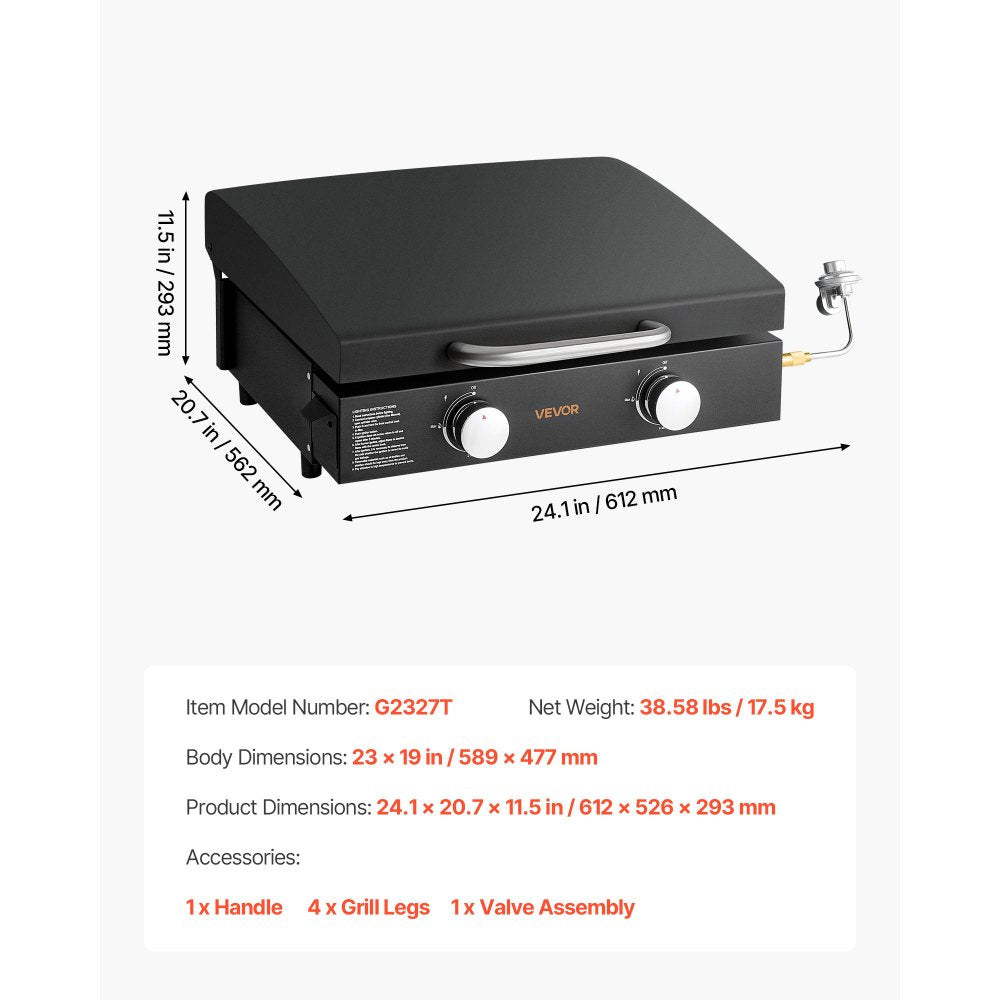 VEVOR Gas Griddle, 2 Burner Tabletop Griddle, 22 inch Portable Griddles Propane with Lid, Oil Drain Hole & Oil Collection Tray, 2 x 11000BTU Camping Flat Top Grill for Outdoor Cooking, Tailgating
