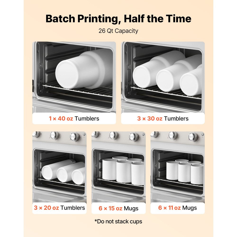 VEVOR Sublimation Oven Machine, 26 Qt, Fits 40oz Tumblers, with 1 Heat Air Gun, 50 Shrink Films, 1 Tape and 2 Heat Gloves, 360° Turbo Convection for Sublimation Blank Tumblers, Mugs, Bowls, Off-White