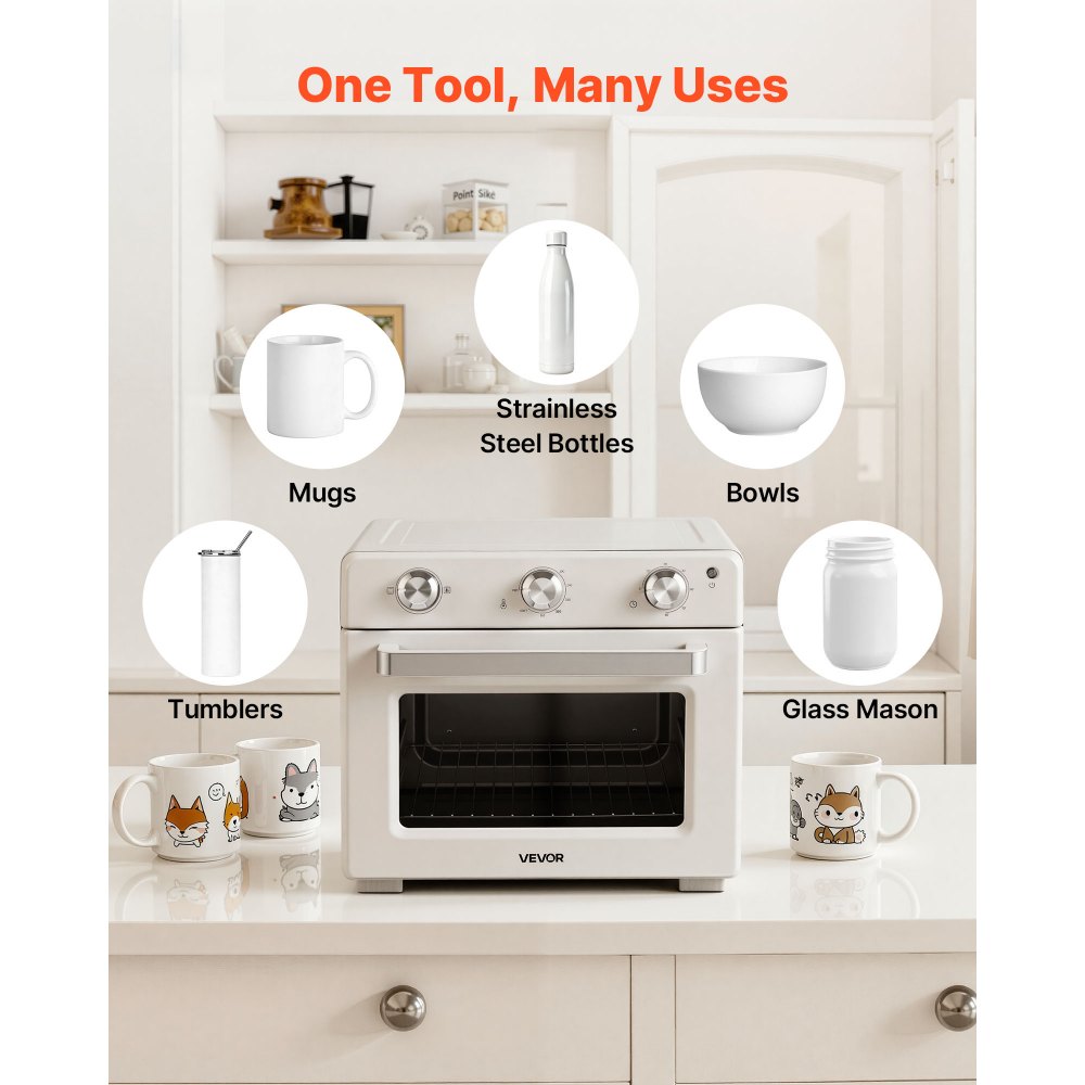 VEVOR Sublimation Oven Machine, 26 Qt, Fits 40oz Tumblers, with 1 Heat Air Gun, 50 Shrink Films, 1 Tape and 2 Heat Gloves, 360° Turbo Convection for Sublimation Blank Tumblers, Mugs, Bowls, Off-White