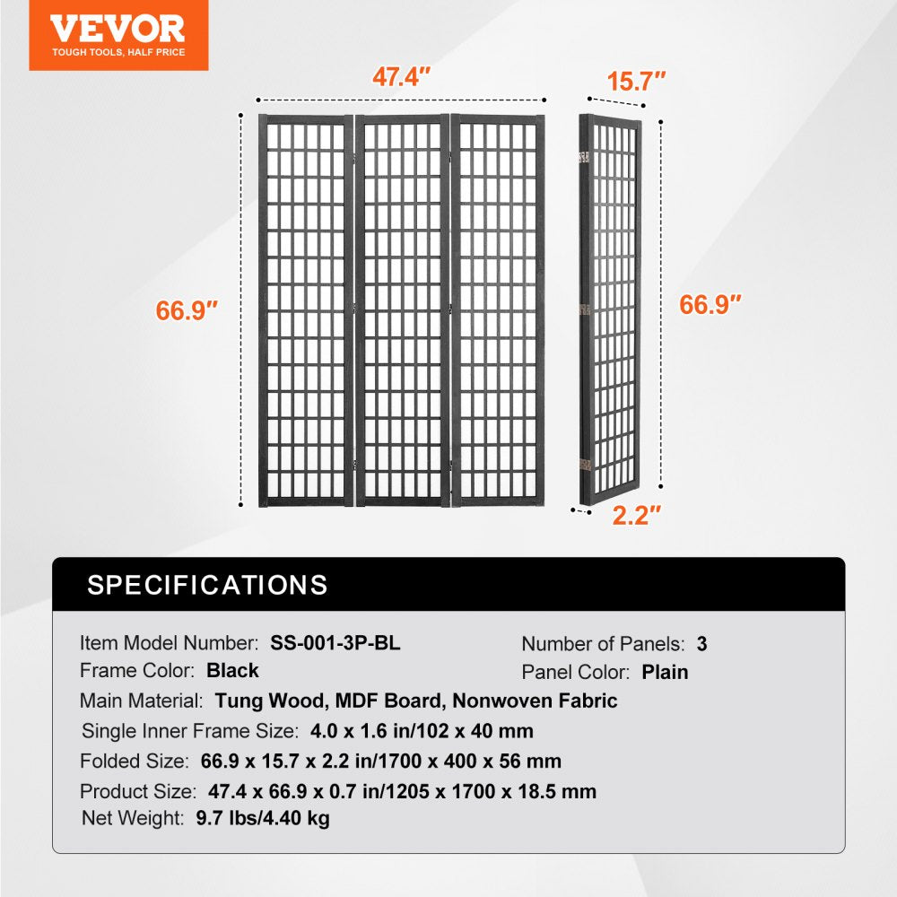 VEVOR Room Divider, 3 Panel Japanese Room Divider, Wood Folding Privacy Screen Indoor, Japanese Partition Dividers Portable Decoration Screens, for Room Separation Home Office Restaurant & Bedroom
